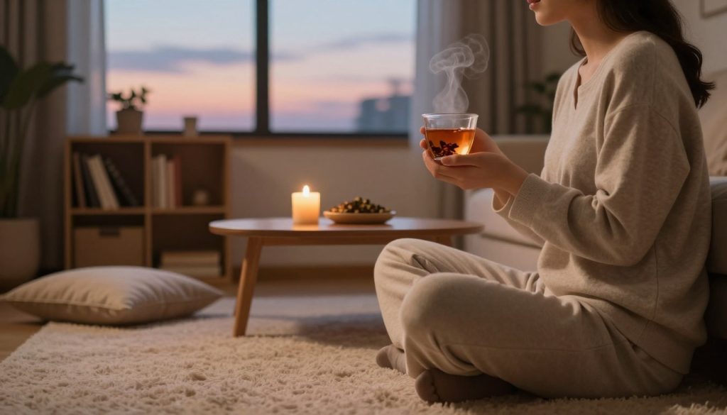 A cozy and serene evening wind-down routine scene. In the foreground, a person dressed in comfortable, modest loungewear is seated cross-legged on a soft, plush rug, holding a steaming cup of herbal tea. The middle layer features a warm, inviting living room with a neatly arranged bookshelf, a flickering candle on a wooden coffee table, and a few scattered cushions. In the background, a large window reveals a calm twilight sky filled with soft pastel colors. The lighting is soft and ambient, casting gentle shadows that enhance the cozy atmosphere. The mood conveys relaxation and tranquility, inviting viewers to imagine a peaceful evening ritual. The scene is artistically composed, using a warm color palette and a slight depth of field to focus on the person and their tranquil surroundings.