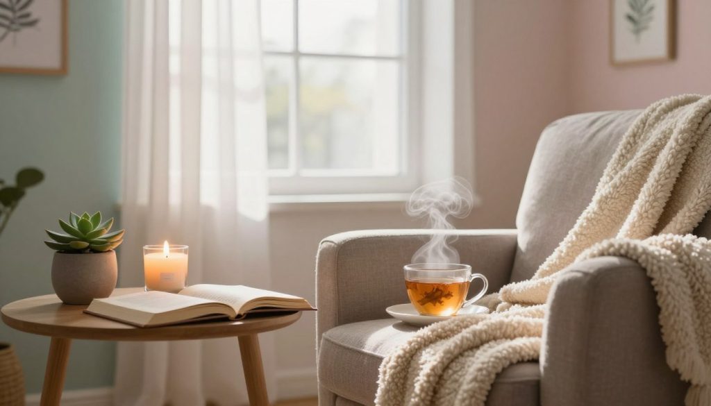 A serene, cozy room filled with natural light, featuring a comfortable armchair draped with a soft blanket in the foreground. A side table holds a variety of self-care items: a succulent plant, a lit scented candle, an open book, and a steaming cup of herbal tea. In the middle ground, there is a window with sheer curtains, allowing sunlight to filter through, casting a warm glow and creating a peaceful atmosphere. The background showcases a calming wall with soft pastel colors and motivational artwork, enhancing the sense of tranquility. The mood is one of relaxation and emotional wellbeing, inviting viewers to imagine a nurturing self-care routine. Use soft focus and warm lighting to emphasize comfort and serenity in this inviting space.