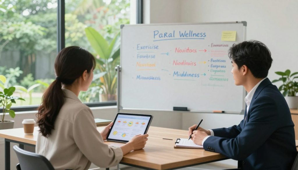 A serene office setting showcasing a diverse group of three professionals engaged in a wellness strategy meeting. In the foreground, a woman in smart casual attire is holding a tablet displaying wellness habit diagrams, while a man in a business suit takes notes. The middle features a large whiteboard filled with colorful markers highlighting key areas for wellness improvement, such as exercise, nutrition, and mindfulness. In the background, a window illuminates the room with natural light, revealing a lush garden outside emphasizing tranquility. The overall atmosphere is collaborative and positive, capturing the essence of proactive engagement in improving wellness habits, with soft lighting to enhance a sense of calm and focus.