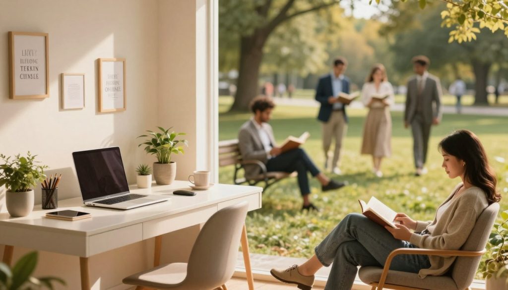 A serene work-life balance scene, featuring a split image: on the left, a well-organized home office bathed in warm, golden lighting, showcasing a neatly arranged desk with a laptop, potted plants, and motivational quotes on the wall. On the right, a tranquil outdoor setting, with a soft-focus background of a park where a diverse group of individuals in professional attire engages in leisure activities, such as reading and walking. The foreground includes a comfortable chair and a coffee cup, symbolizing relaxation. The composition captures a harmonious blend of productivity and relaxation, with a dreamy atmosphere that conveys peace and balance. Shot from a slightly elevated angle, emphasizing the duality of work and life.