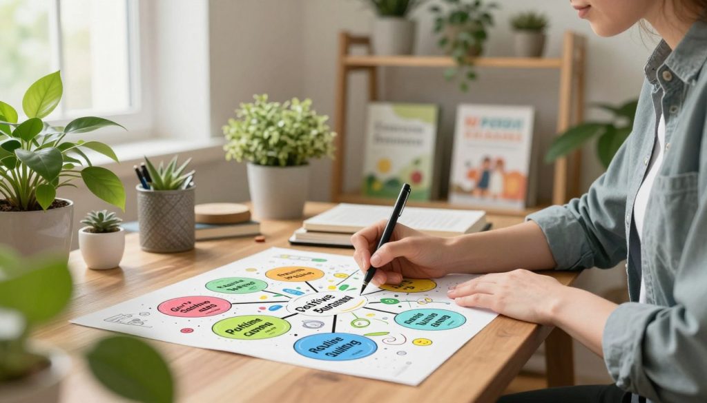 A serene workspace filled with vibrant green plants, symbolizing growth and wellness. In the foreground, a person dressed in smart casual clothing is engaged in writing on a large, colorful mind map displayed on a wooden table. The mind map outlines various habit change strategies such as “Goal Setting,” “Positive Reinforcement,” and “Routine Building.” In the middle ground, shelves with books and wellness materials indicate a commitment to self-improvement. The background features a soft, natural light streaming in through a large window, casting a warm glow. The atmosphere is calm and focused, evoking a sense of motivation and clarity in the journey of adopting positive habits for wellness. Soft focus on the background elements enhances the subject's importance.