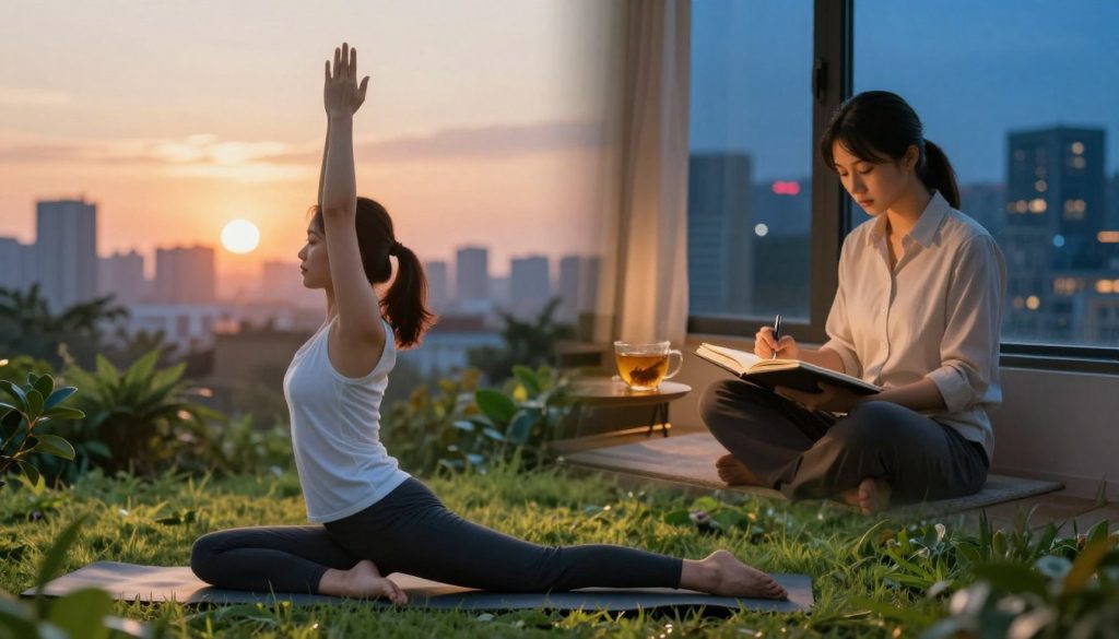 A split-scene illustrating healthy morning and night routines, symbolizing consistency and challenge overcoming. In the foreground, a sunrise scene reveals a person in professional, modest clothing practicing yoga on a mat, surrounded by lush greenery and soft morning light. This represents a calm, invigorating start to the day. In the middle ground, a cozy night scene features the same individual journaling by a warm, soft-lit window, with a cup of herbal tea nearby, symbolizing reflection and tranquility. The background blends a city skyline at dusk, transitioning from the vibrant colors of dawn to the serene blues of night. The overall mood is peaceful yet motivational, conveying balance and dedication in daily life.