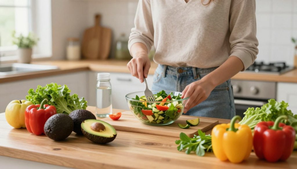 A vibrant kitchen setting focusing on healthy eating habits. In the foreground, a wooden table displays a colorful array of fresh fruits and vegetables, such as ripe avocados, bright bell peppers, and leafy greens, arranged artfully. In the middle, a person dressed in a modest casual outfit, carefully preparing a healthy salad, showcasing mindfulness in their cooking. The background features a well-organized kitchen with soft, natural lighting coming through a window, illuminating the space and creating a warm, inviting atmosphere. The overall mood conveys a sense of wellness and vitality, emphasizing a commitment to nutritious eating and hydration practices. The scene is captured at a slight angle for depth, enhancing the visual interest and engagement.