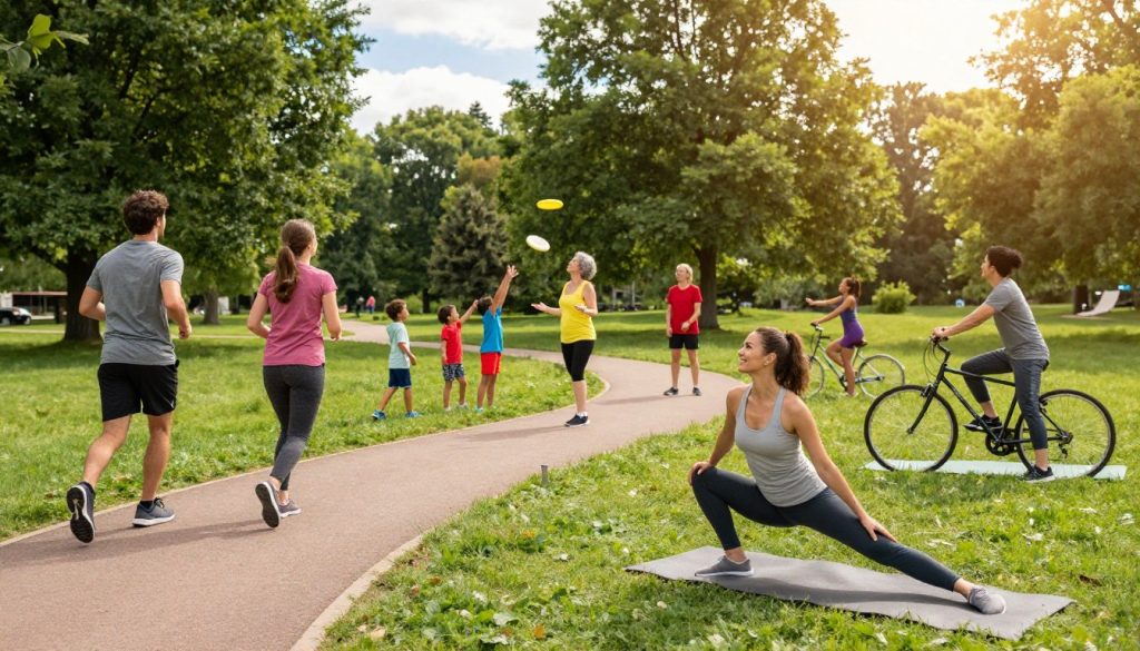 A vibrant scene depicting a diverse group of individuals engaging in various forms of physical activity, such as jogging, cycling, and yoga, set in a lush park filled with greenery. In the foreground, a smiling woman in comfortable athletic wear is stretching on a yoga mat, while a man runs along a winding path. In the middle ground, a family enjoys a game of frisbee, showcasing different ages and ethnicities to represent inclusivity. The background features tall trees and blue skies, with soft sunlight filtering through the leaves, creating a warm, inviting atmosphere. The image captures a sense of energy and joy, promoting the concept of making physical activity a natural part of daily life. The angle is slightly elevated, providing a panoramic view of the vibrant landscape, with a focus on the people enjoying their movement.